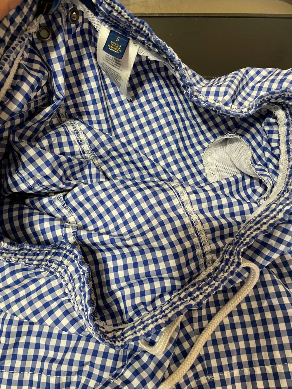 Polo Ralph Lauren Men's Blue and White Gingham Swim Trunks with Yellow Logo
